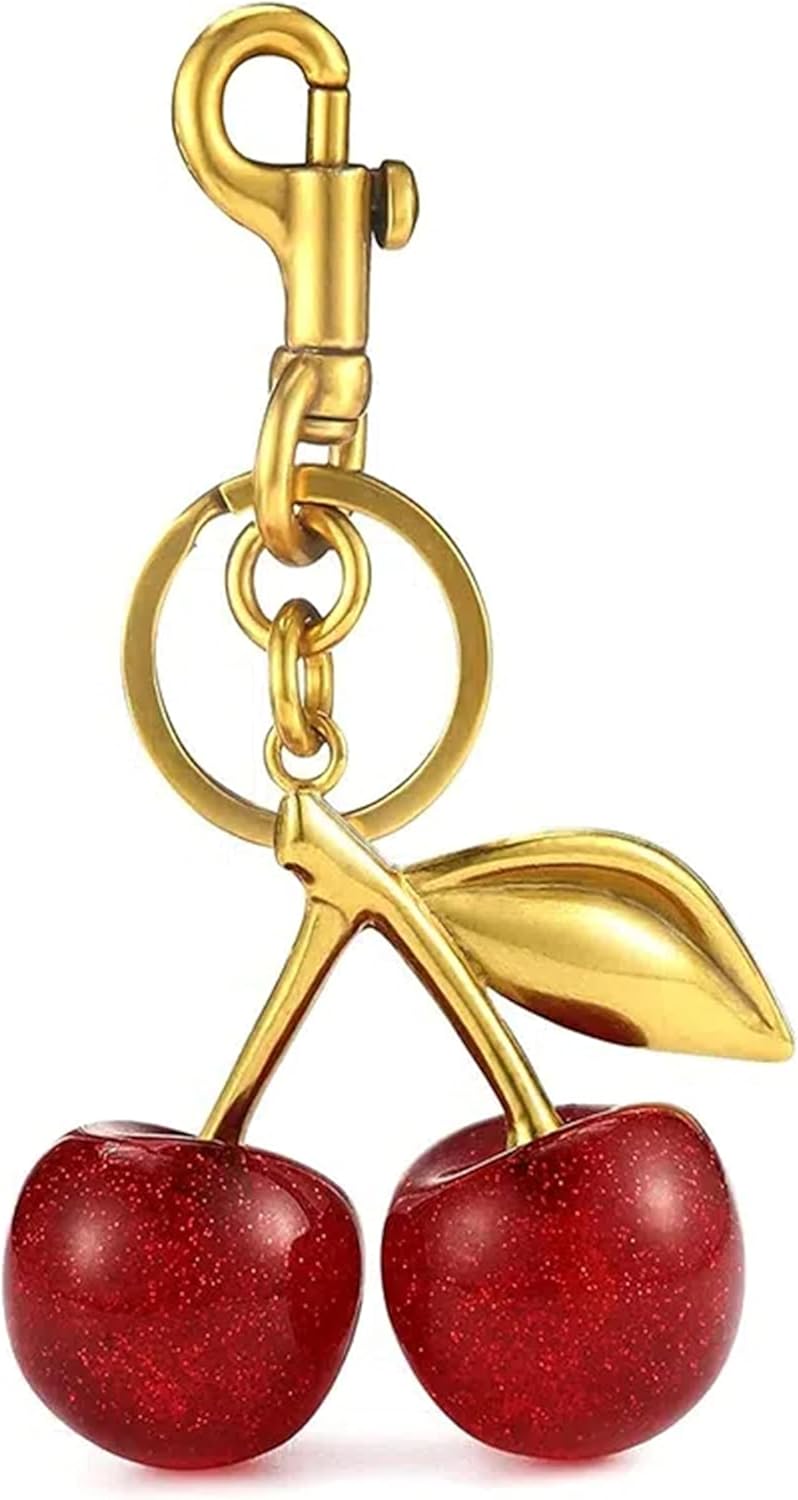 Luxurious 18K Gold Plated Cherry Bag Charm, Cherry Keychain Accessory Purse Charm